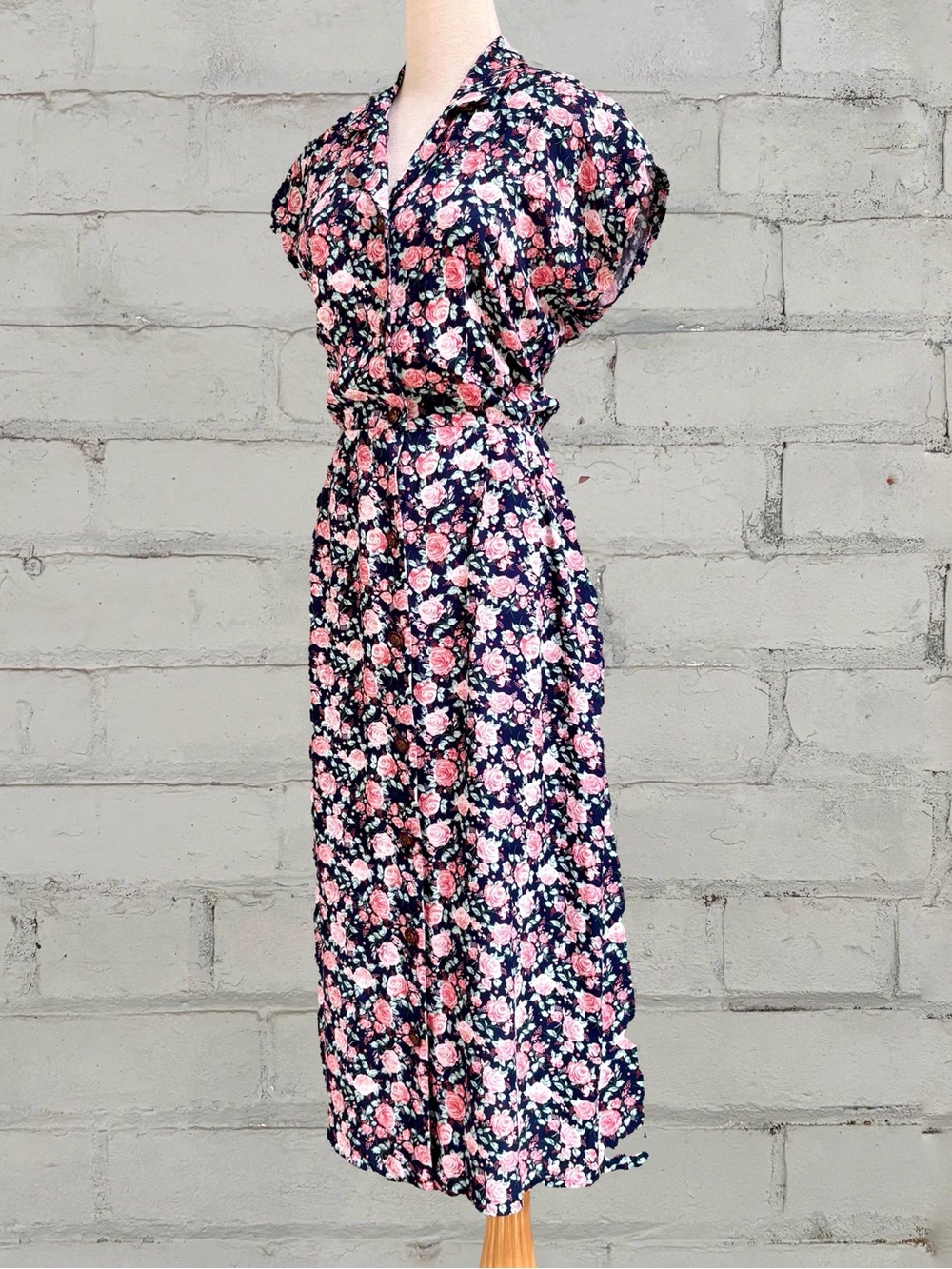 Vintage 1980s Navy Floral Midi Dress with Pink Roses